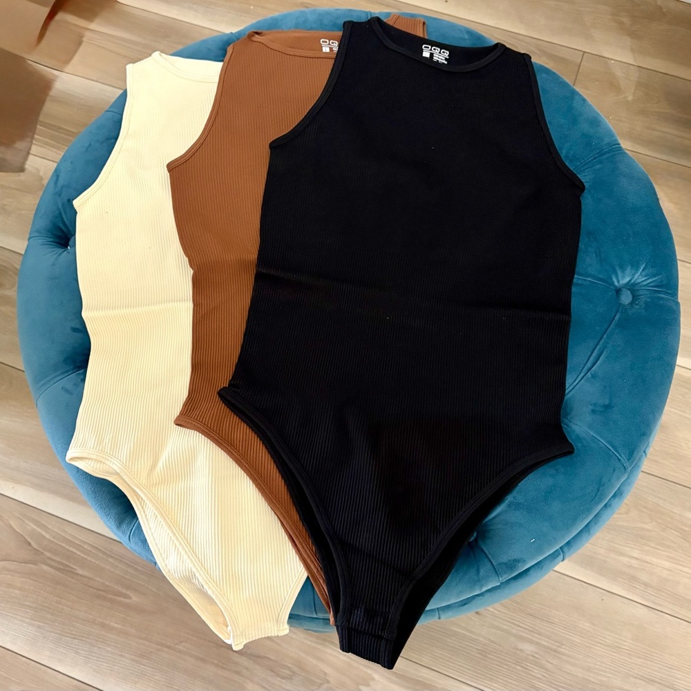 Ribbed Shape-Wear Bodysuit Trio in Black, Brown & Cream
